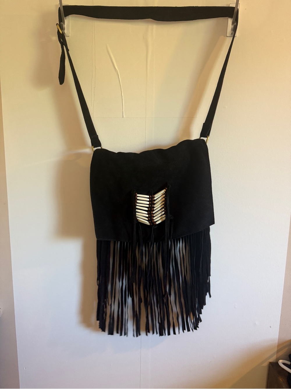 Black Suede Fringe Crossbody Bag Boho Western Festival Leather Bone Bead